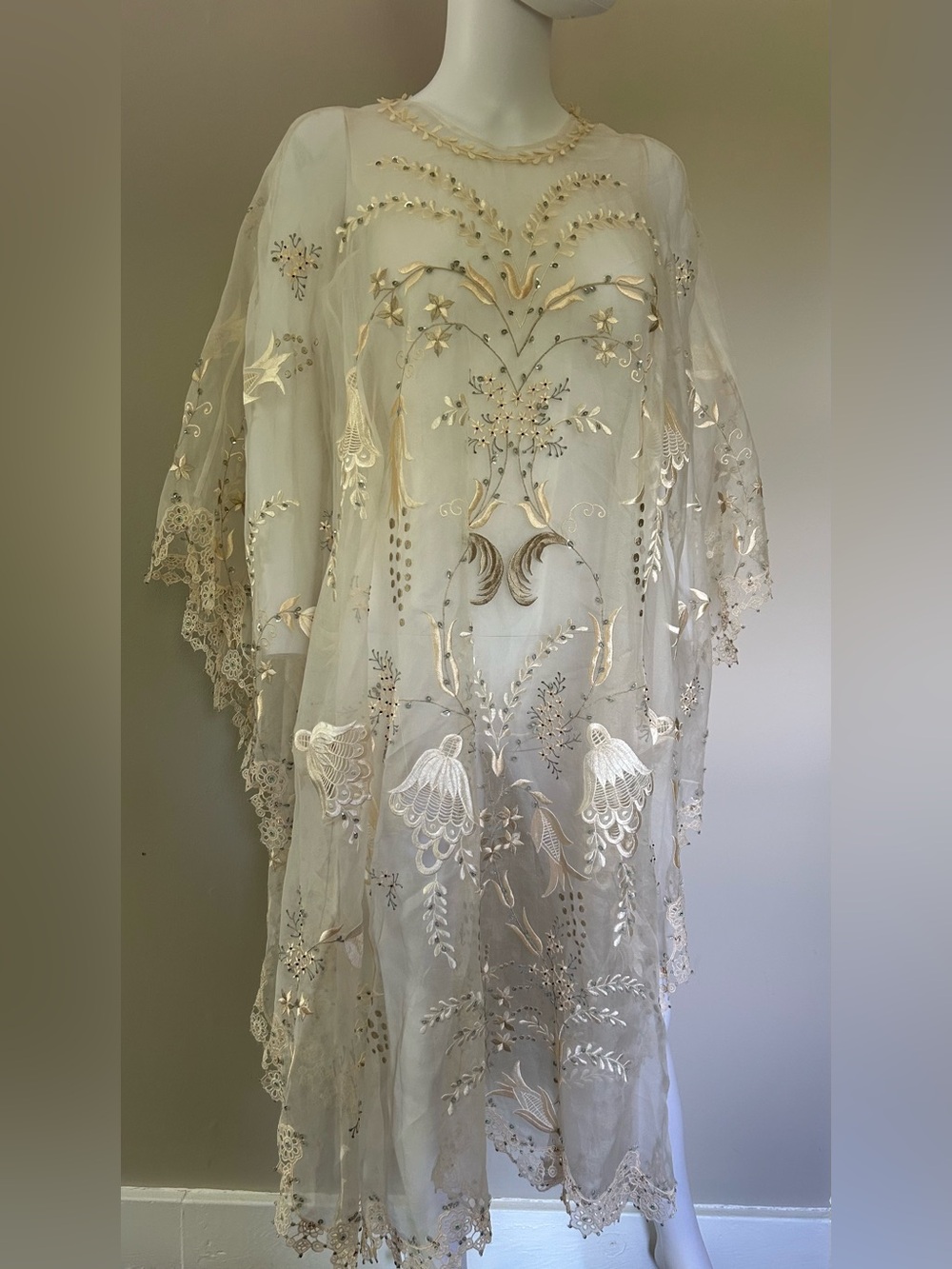 BIYAN Embellished Sheer Organza Cape Dress XS Ivory Nude Beaded Floral Overlay